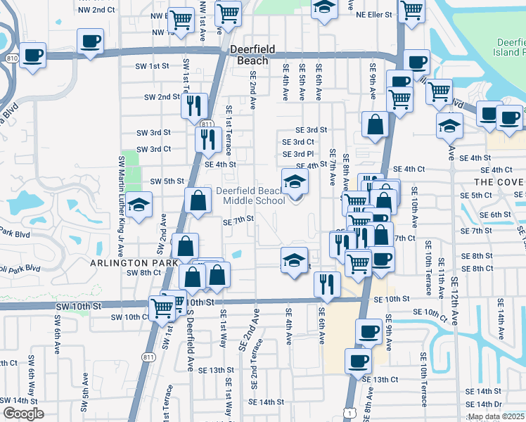 map of restaurants, bars, coffee shops, grocery stores, and more near 560 Southeast 2nd Avenue in Deerfield Beach