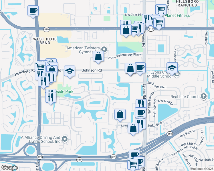 map of restaurants, bars, coffee shops, grocery stores, and more near 4979 Pelican Street in Coconut Creek