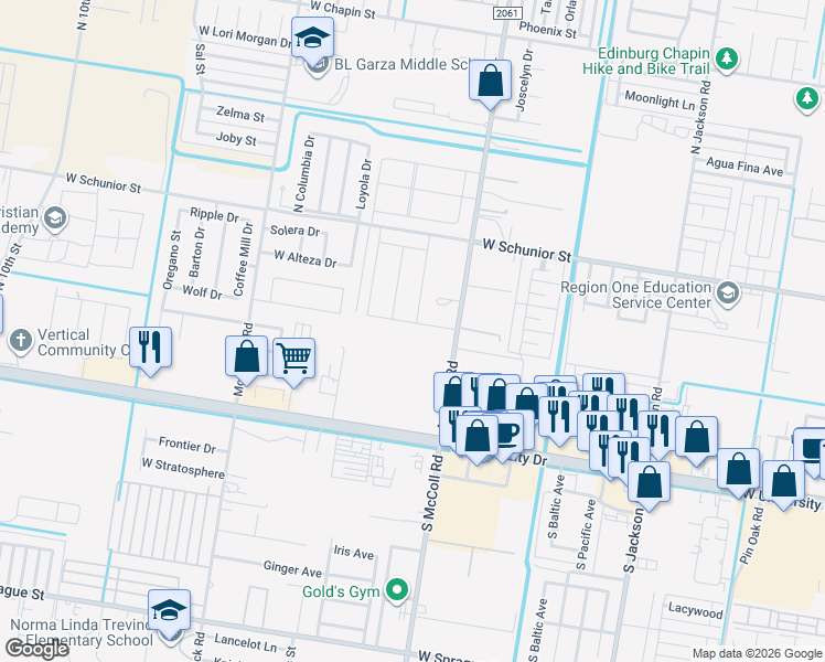 map of restaurants, bars, coffee shops, grocery stores, and more near 406 Amber Drive in Edinburg