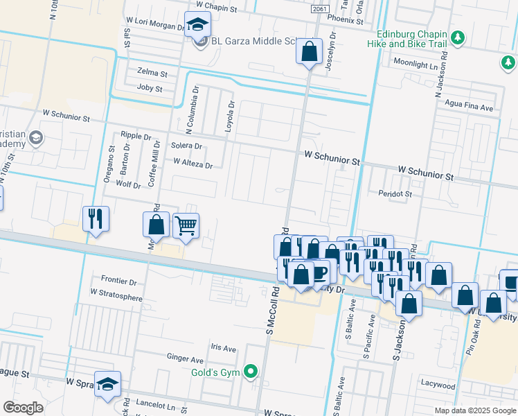 map of restaurants, bars, coffee shops, grocery stores, and more near 406 Amber Drive in Edinburg