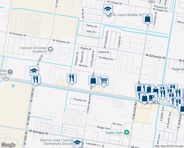 map of restaurants, bars, coffee shops, grocery stores, and more near 3604 West Shadow Wood Street in Edinburg