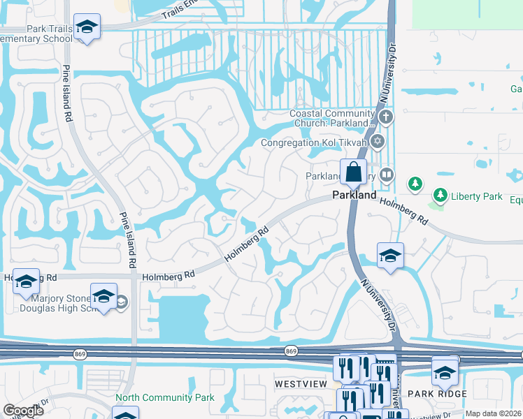 map of restaurants, bars, coffee shops, grocery stores, and more near 6445 Northwest 98th Lane in Parkland