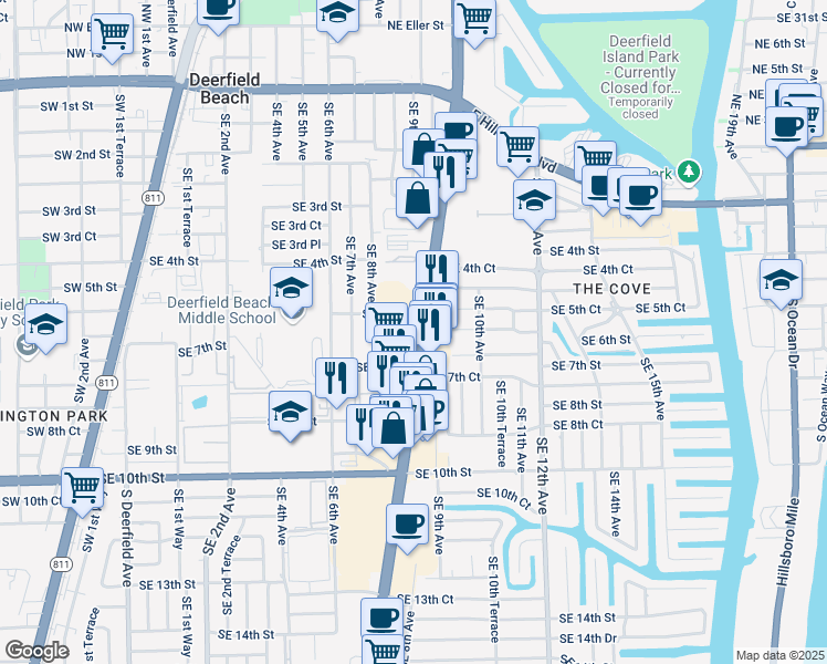 map of restaurants, bars, coffee shops, grocery stores, and more near 535 U.S. 1 in Deerfield Beach