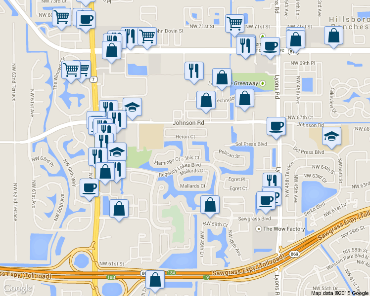 map of restaurants, bars, coffee shops, grocery stores, and more near 6521 Sandpiper Drive in Coconut Creek