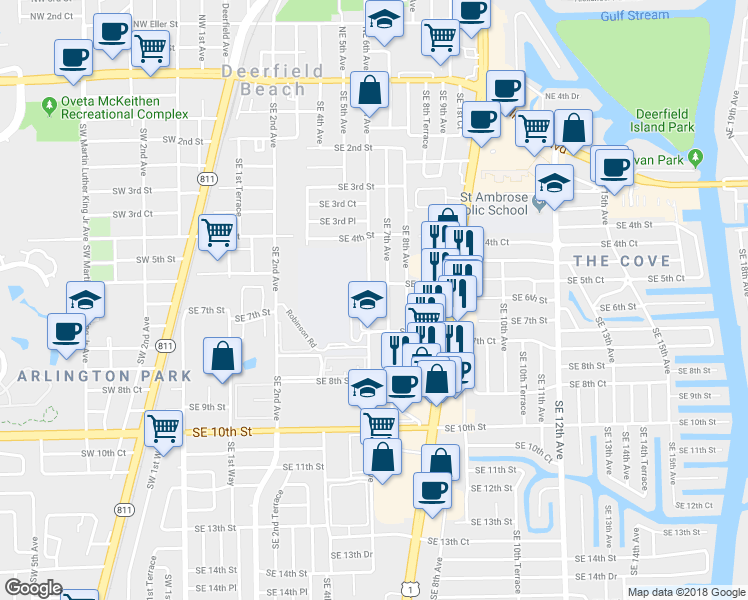 map of restaurants, bars, coffee shops, grocery stores, and more near 522 Southeast 6th Avenue in Deerfield Beach