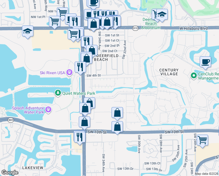 map of restaurants, bars, coffee shops, grocery stores, and more near 489 Tilford North in Deerfield Beach