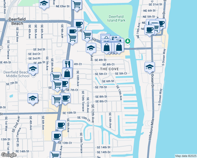 map of restaurants, bars, coffee shops, grocery stores, and more near 543 Southeast 13th Avenue in Deerfield Beach