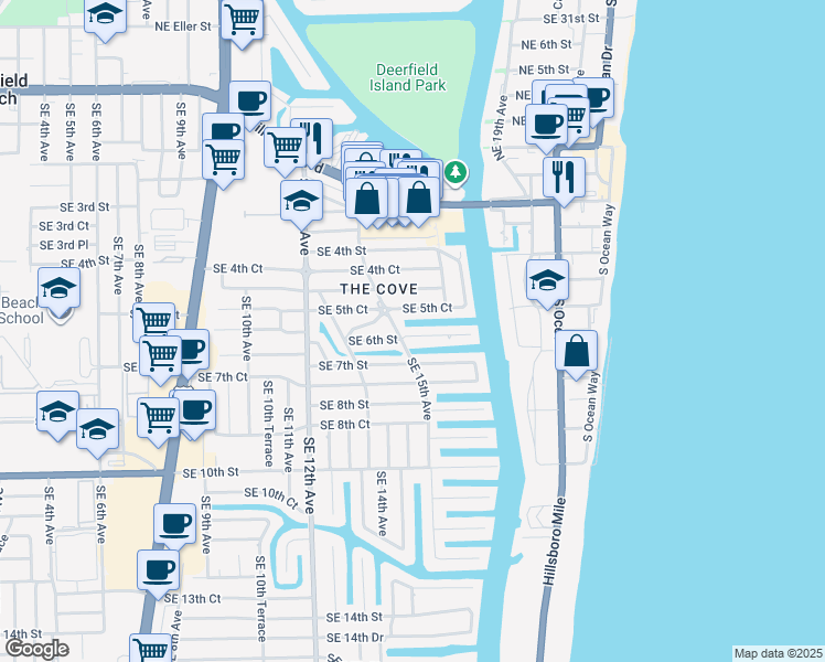 map of restaurants, bars, coffee shops, grocery stores, and more near 1509 Southeast 6th Street in Deerfield Beach