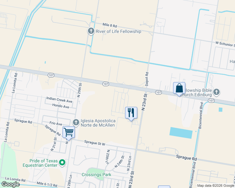 map of restaurants, bars, coffee shops, grocery stores, and more near 2501 West State Highway 107 in McAllen