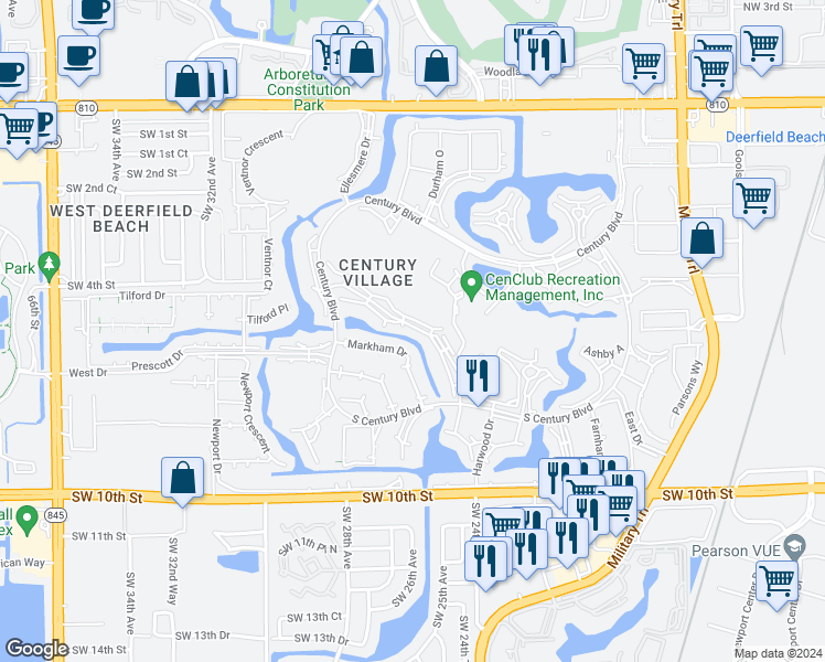 map of restaurants, bars, coffee shops, grocery stores, and more near 93 Lyndhurst North in Deerfield Beach