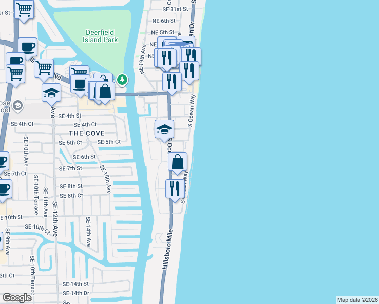 map of restaurants, bars, coffee shops, grocery stores, and more near 500 Southeast 21st Avenue in Deerfield Beach