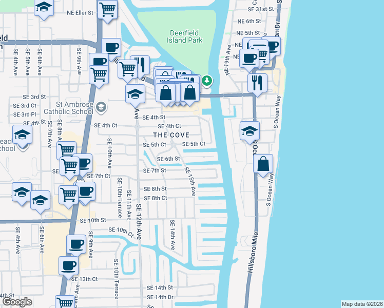map of restaurants, bars, coffee shops, grocery stores, and more near 1525 Southeast 6th Street in Deerfield Beach