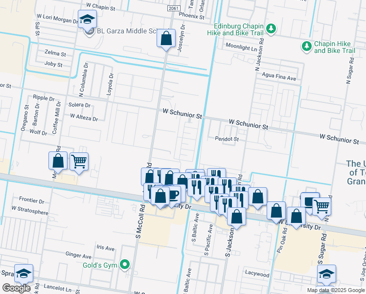 map of restaurants, bars, coffee shops, grocery stores, and more near 2508 Toledo Avenue in Edinburg