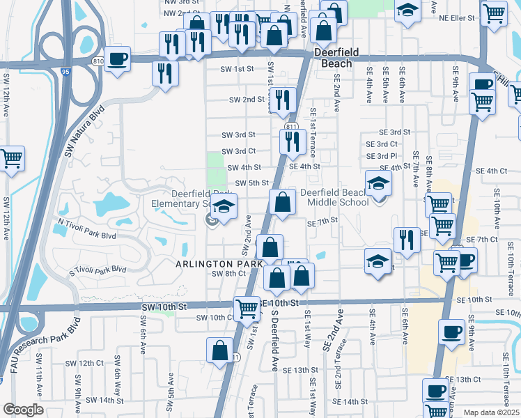 map of restaurants, bars, coffee shops, grocery stores, and more near 171 Southwest 6th Street in Deerfield Beach