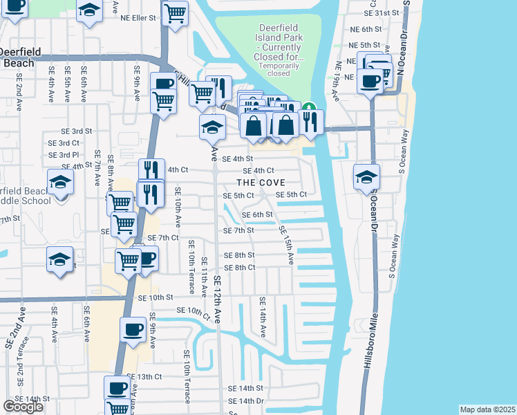 map of restaurants, bars, coffee shops, grocery stores, and more near 1436 Southeast 5th Place in Deerfield Beach