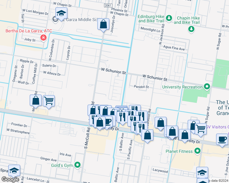 map of restaurants, bars, coffee shops, grocery stores, and more near 2501 Toledo Avenue in Edinburg