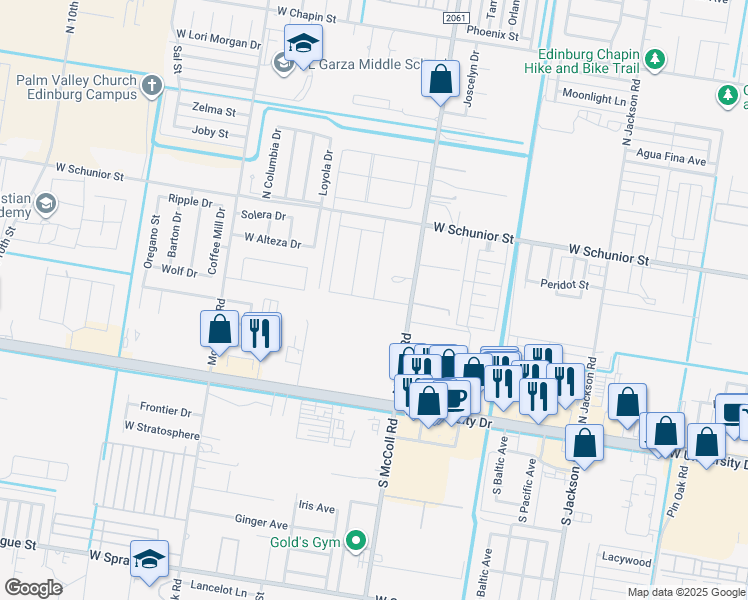 map of restaurants, bars, coffee shops, grocery stores, and more near 515 North McColl Road in Edinburg