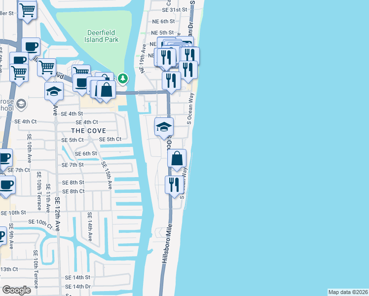 map of restaurants, bars, coffee shops, grocery stores, and more near 500 Southeast 21st Avenue in Deerfield Beach