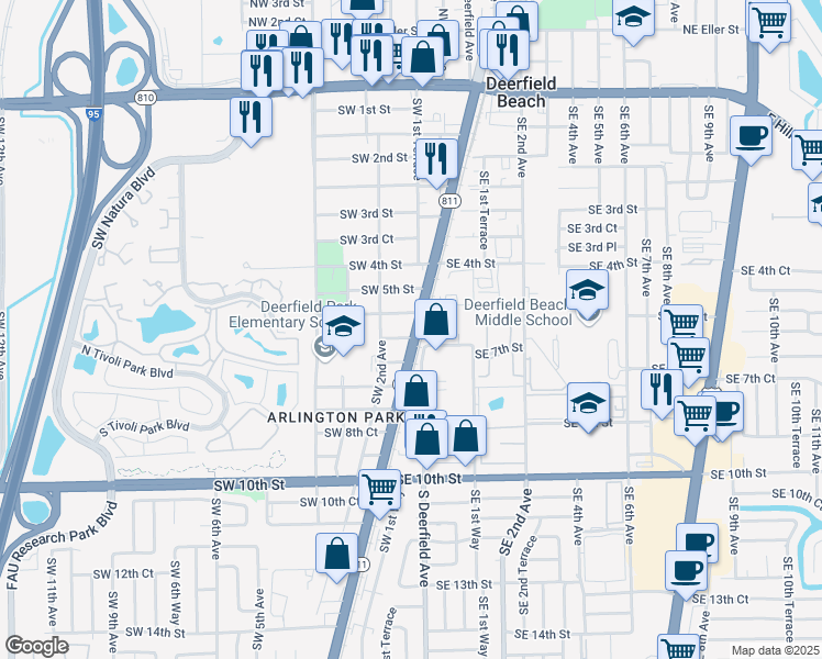map of restaurants, bars, coffee shops, grocery stores, and more near 171 Southwest 6th Street in Deerfield Beach