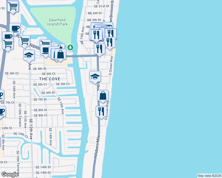 map of restaurants, bars, coffee shops, grocery stores, and more near 500 Southeast 21st Avenue in Deerfield Beach