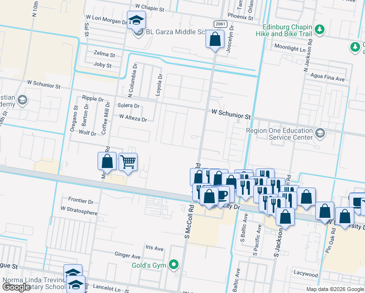 map of restaurants, bars, coffee shops, grocery stores, and more near 515 North McColl Road in Edinburg
