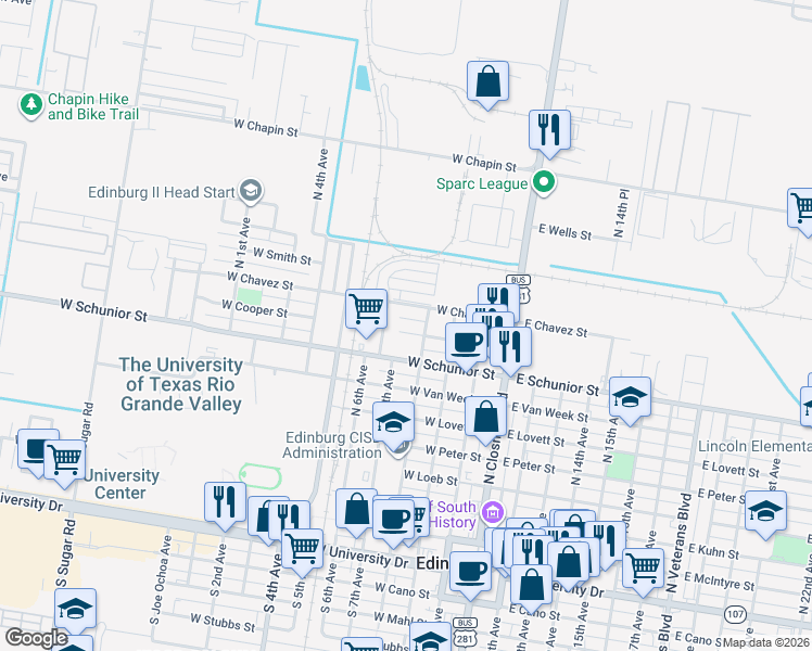 map of restaurants, bars, coffee shops, grocery stores, and more near 901 North 8th Avenue in Edinburg