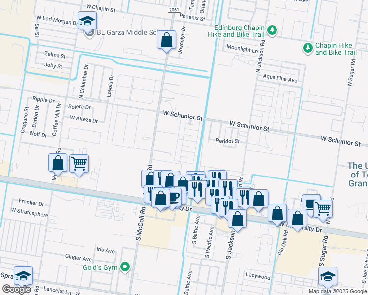 map of restaurants, bars, coffee shops, grocery stores, and more near 2501 Toledo Avenue in Edinburg