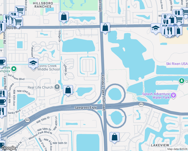map of restaurants, bars, coffee shops, grocery stores, and more near 3411 Northwest 64th Court in Coconut Creek