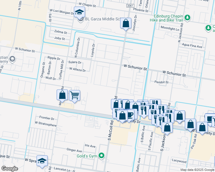 map of restaurants, bars, coffee shops, grocery stores, and more near 515 North McColl Road in Edinburg