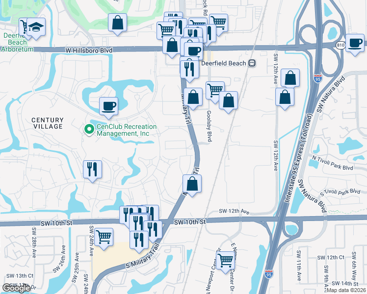map of restaurants, bars, coffee shops, grocery stores, and more near 1821 Sandpiper Pointe Place in Deerfield Beach