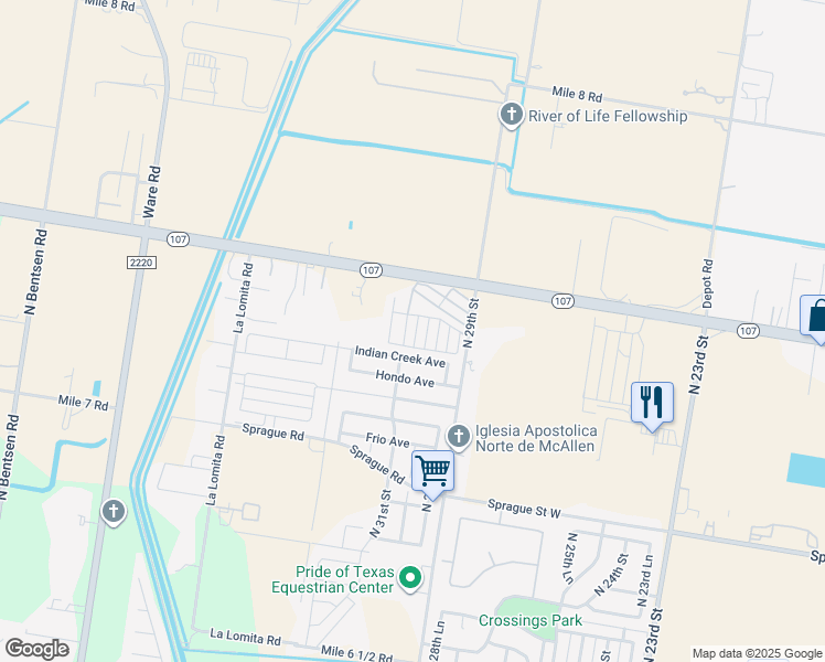 map of restaurants, bars, coffee shops, grocery stores, and more near 2901 Texas 107 in McAllen