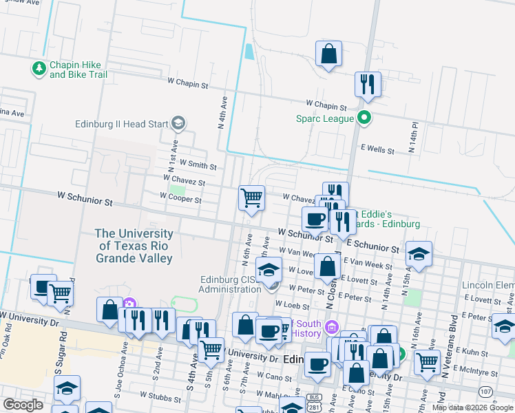 map of restaurants, bars, coffee shops, grocery stores, and more near 900 North 6th Avenue in Edinburg