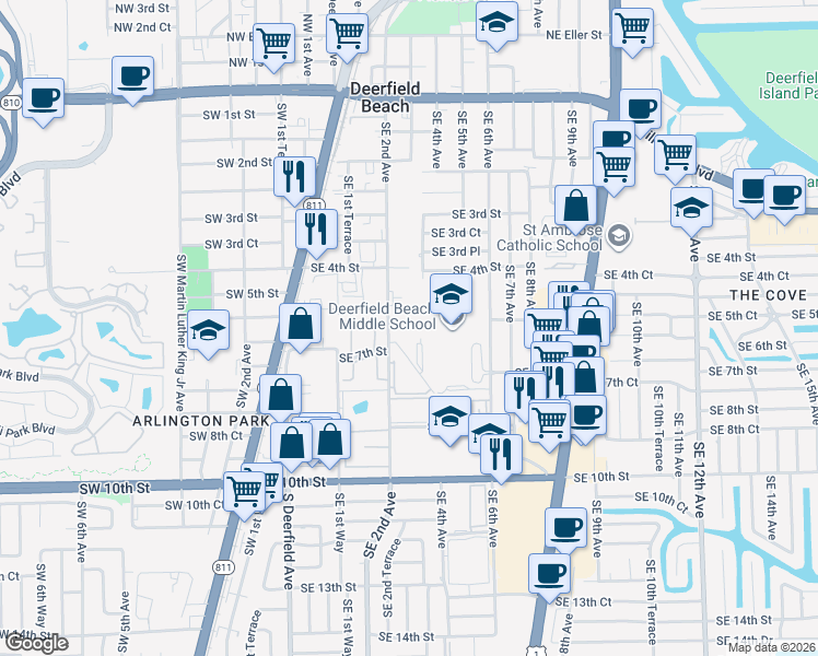 map of restaurants, bars, coffee shops, grocery stores, and more near 560 Southeast 2nd Avenue in Deerfield Beach