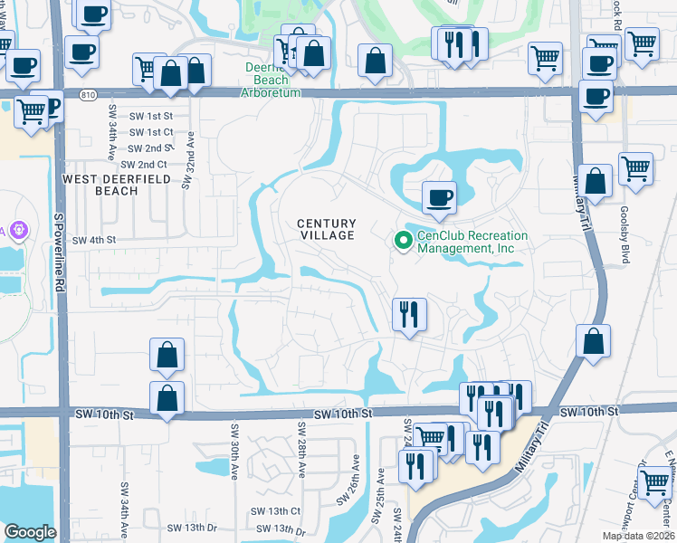 map of restaurants, bars, coffee shops, grocery stores, and more near 93 Lyndhurst North in Deerfield Beach