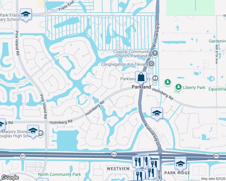 map of restaurants, bars, coffee shops, grocery stores, and more near 6536 Northwest 97th Drive in Parkland