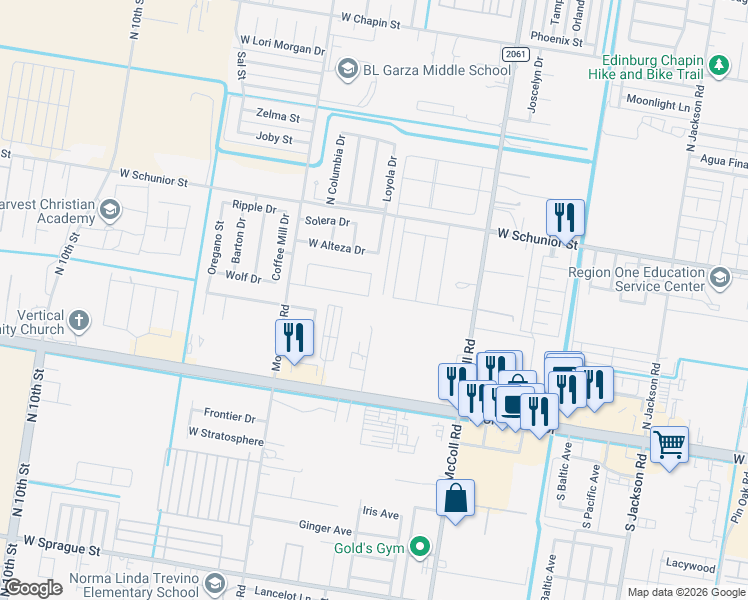 map of restaurants, bars, coffee shops, grocery stores, and more near 406 Amber Drive in Edinburg