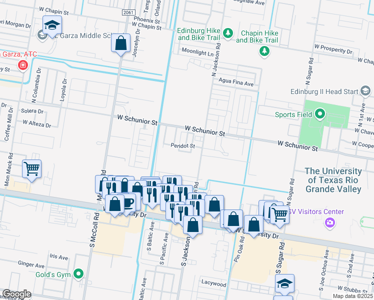 map of restaurants, bars, coffee shops, grocery stores, and more near 2108 Peridot Street in Edinburg