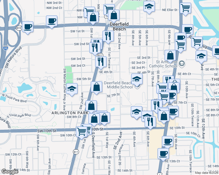map of restaurants, bars, coffee shops, grocery stores, and more near 141 Southeast 7th Street in Deerfield Beach