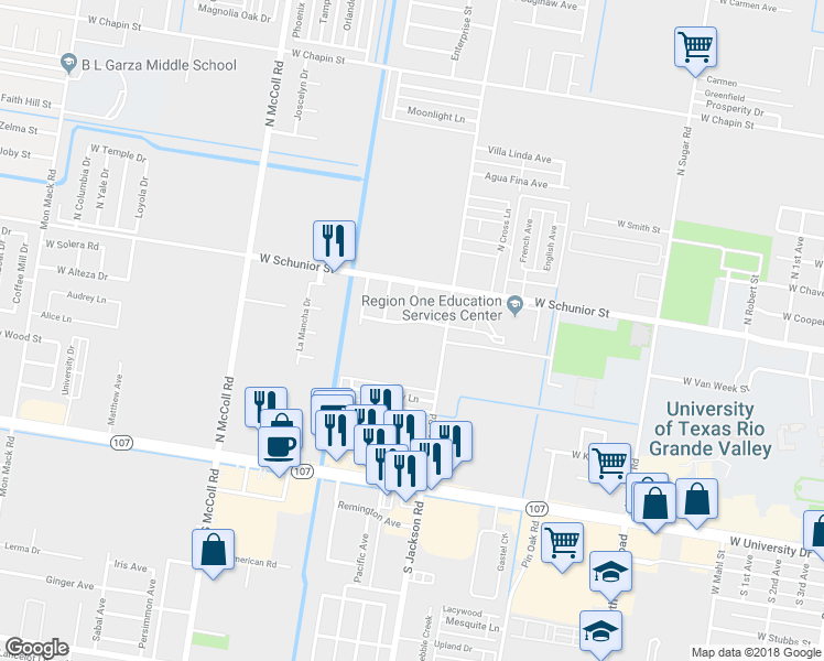 map of restaurants, bars, coffee shops, grocery stores, and more near 2204 Peridot Street in Edinburg