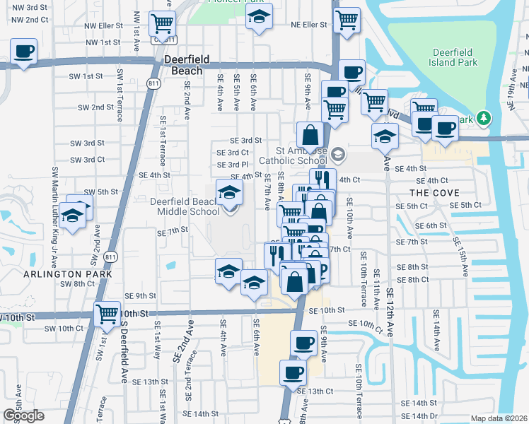 map of restaurants, bars, coffee shops, grocery stores, and more near 522 Southeast 6th Avenue in Deerfield Beach