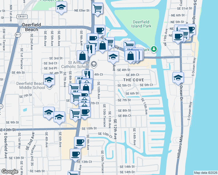 map of restaurants, bars, coffee shops, grocery stores, and more near 1105 Southeast 6th Street in Deerfield Beach