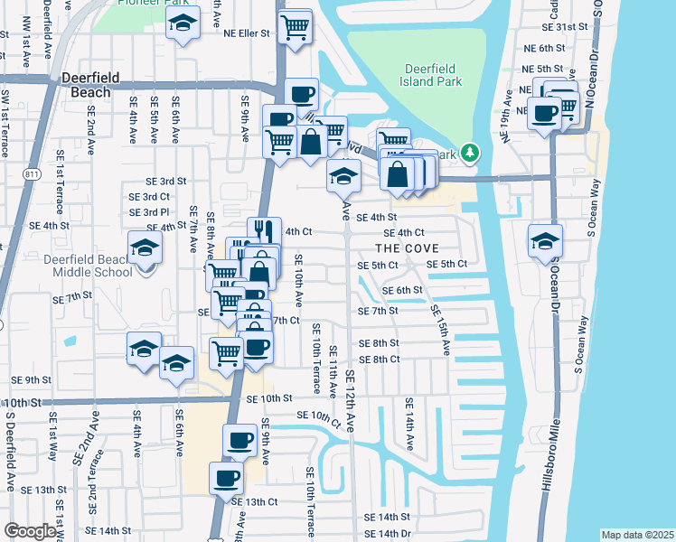 map of restaurants, bars, coffee shops, grocery stores, and more near 1105 Southeast 6th Street in Deerfield Beach