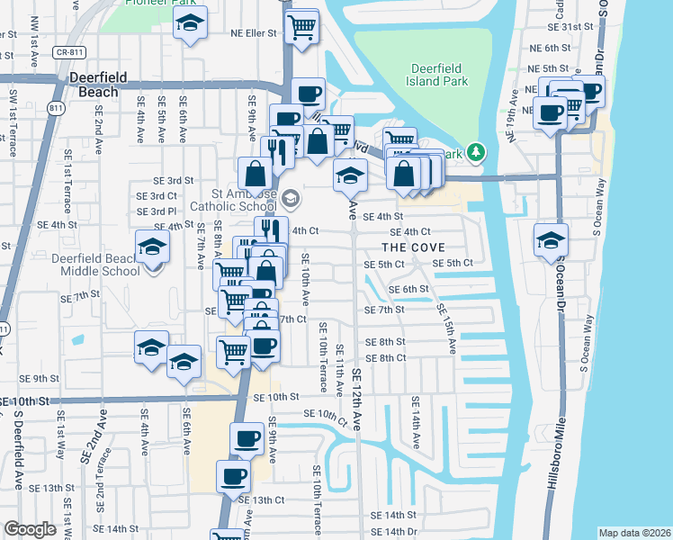 map of restaurants, bars, coffee shops, grocery stores, and more near 1105 Southeast 6th Street in Deerfield Beach