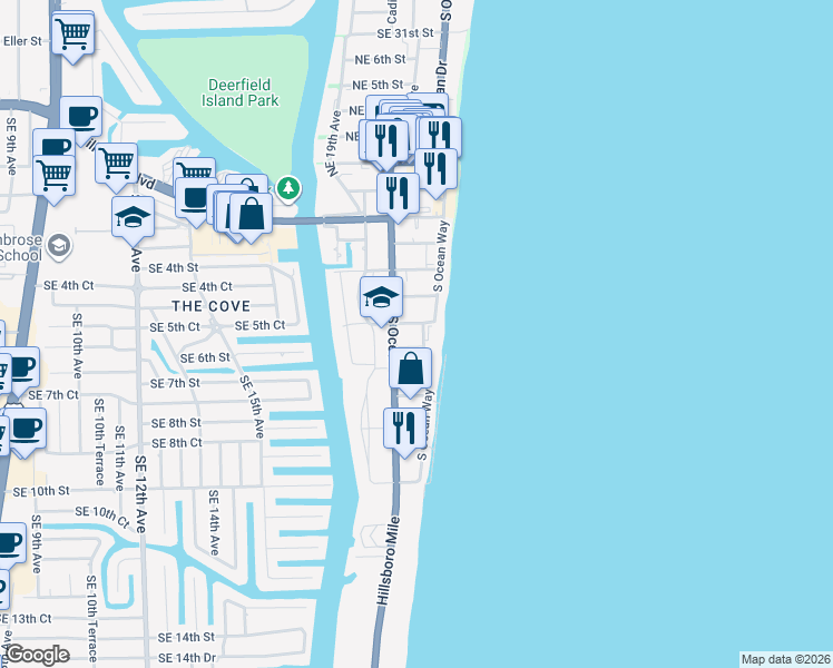 map of restaurants, bars, coffee shops, grocery stores, and more near 512 Southeast 20th Avenue in Deerfield Beach