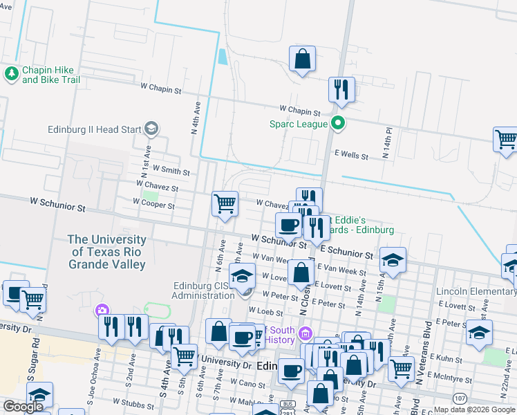 map of restaurants, bars, coffee shops, grocery stores, and more near 901 North 8th Avenue in Edinburg