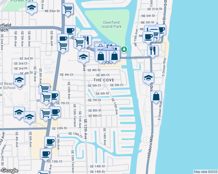 map of restaurants, bars, coffee shops, grocery stores, and more near 1509 Southeast 6th Street in Deerfield Beach