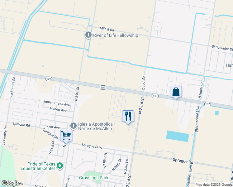 map of restaurants, bars, coffee shops, grocery stores, and more near 2501 West State Highway 107 in McAllen