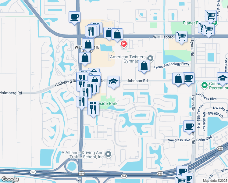 map of restaurants, bars, coffee shops, grocery stores, and more near 5400 Johnson Road in Coconut Creek