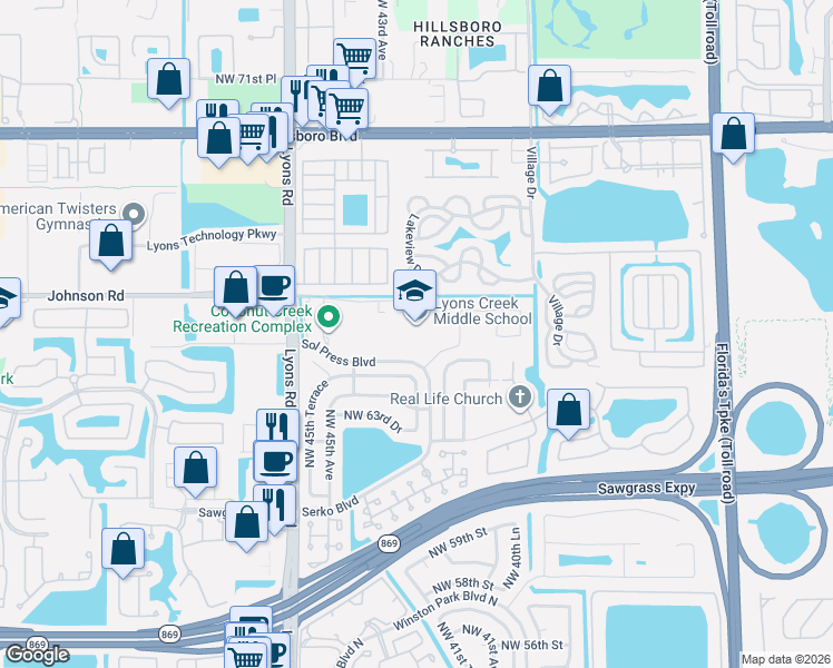 map of restaurants, bars, coffee shops, grocery stores, and more near 6425 Northwest 43rd Terrace in Coconut Creek