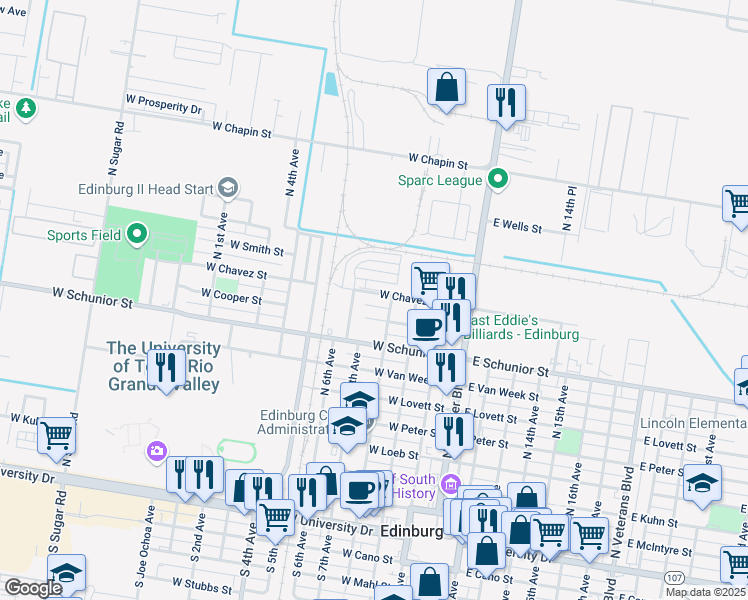 map of restaurants, bars, coffee shops, grocery stores, and more near 901 North 8th Avenue in Edinburg